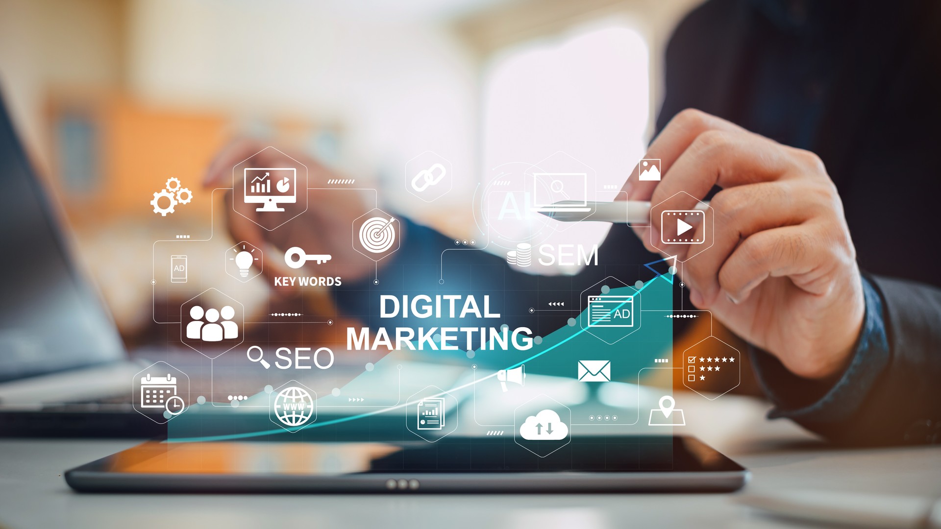 Digital marketing business technology. Website advertisement email social media network, SEO, SEM video and mobile application icons in virtual screen.